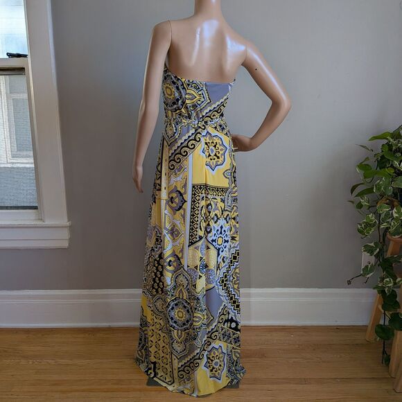 Vintage Y2K Cache Yellow Mixed Print Maxi Dress Chain Belt Strapless Size Large - Picture 3 of 13